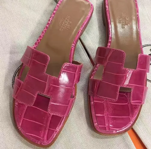 Hermes Rose Red Crocodile Oran Sandals
